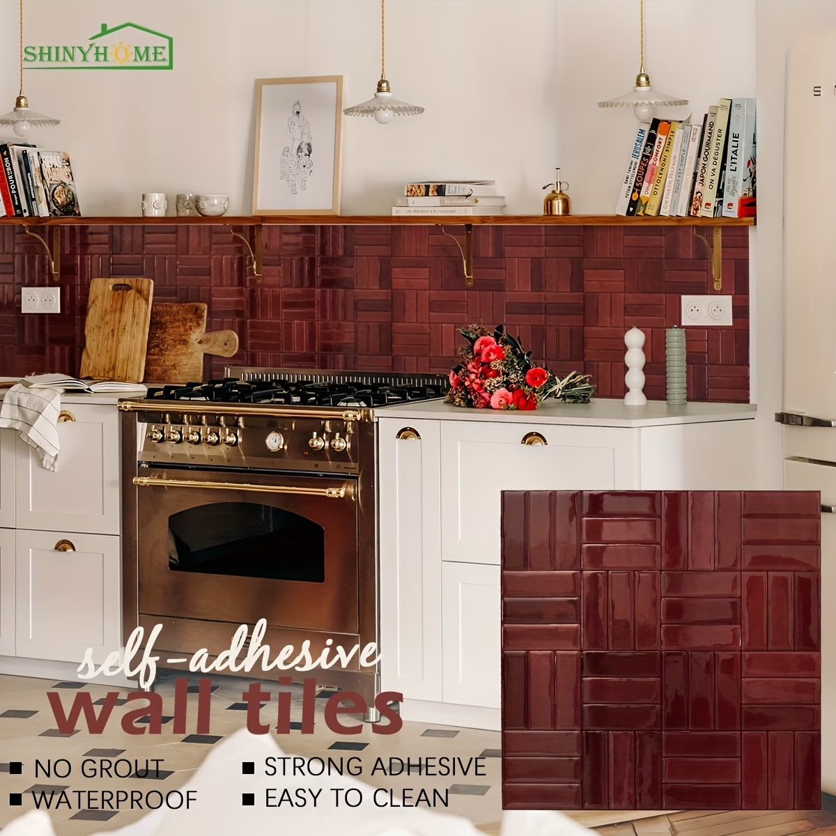 Kitchen styling image showing Burgundy Merlot basketweave wall tiles with pale cabinets