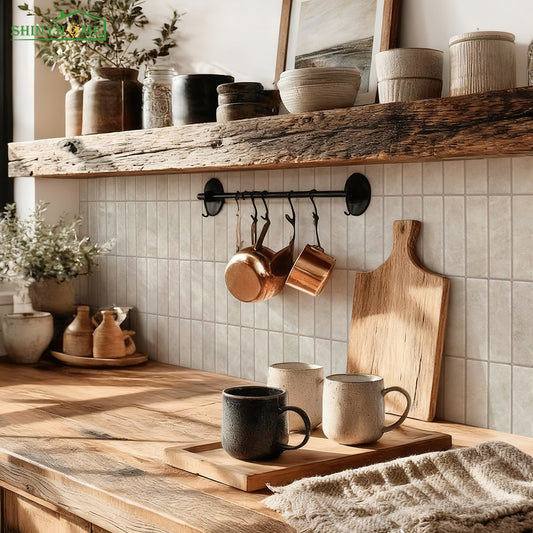 Beige marble-patterned kitchen backsplash