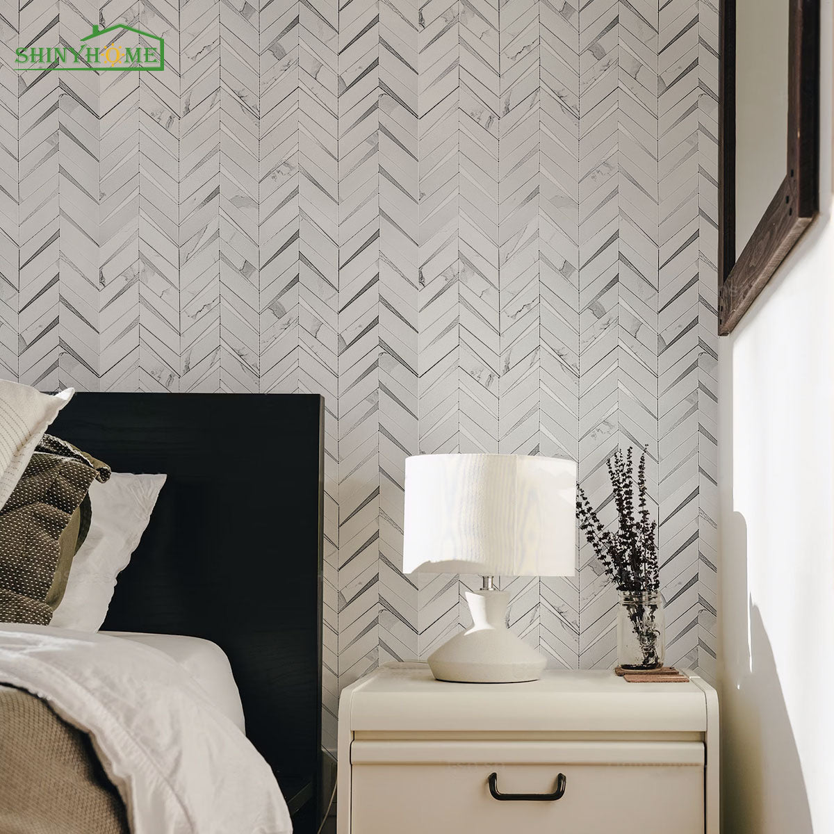 White Marble Chevron Mosaic Peel and Stick Backsplash Tile