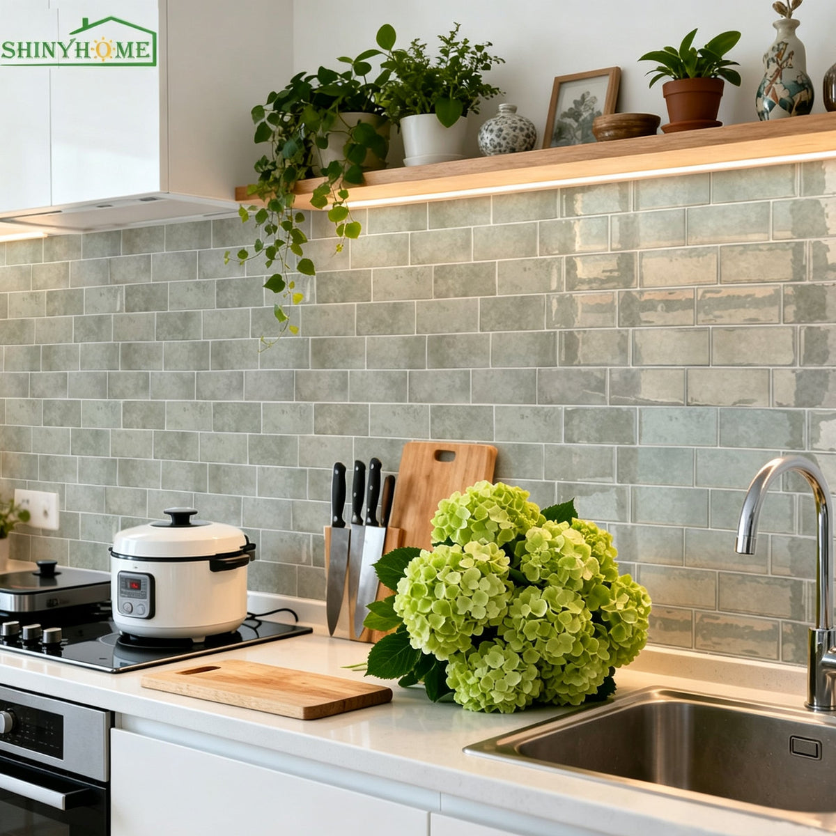 Pale green subway-style backsplash with white cabinets, a wooden shelf and plants in a ShinyHome kitchen styling image