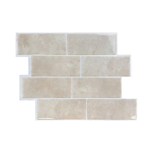 Beige subway tile kitchen backsplash