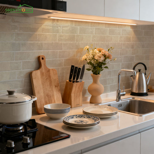 Beige subway tile kitchen backsplash