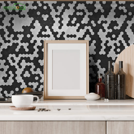 Salpicadero de cocina hexagonal negro y plateado autoadhesivo – Azulejo de pared moderno de aluminio, hazlo tú mismo, impermeable