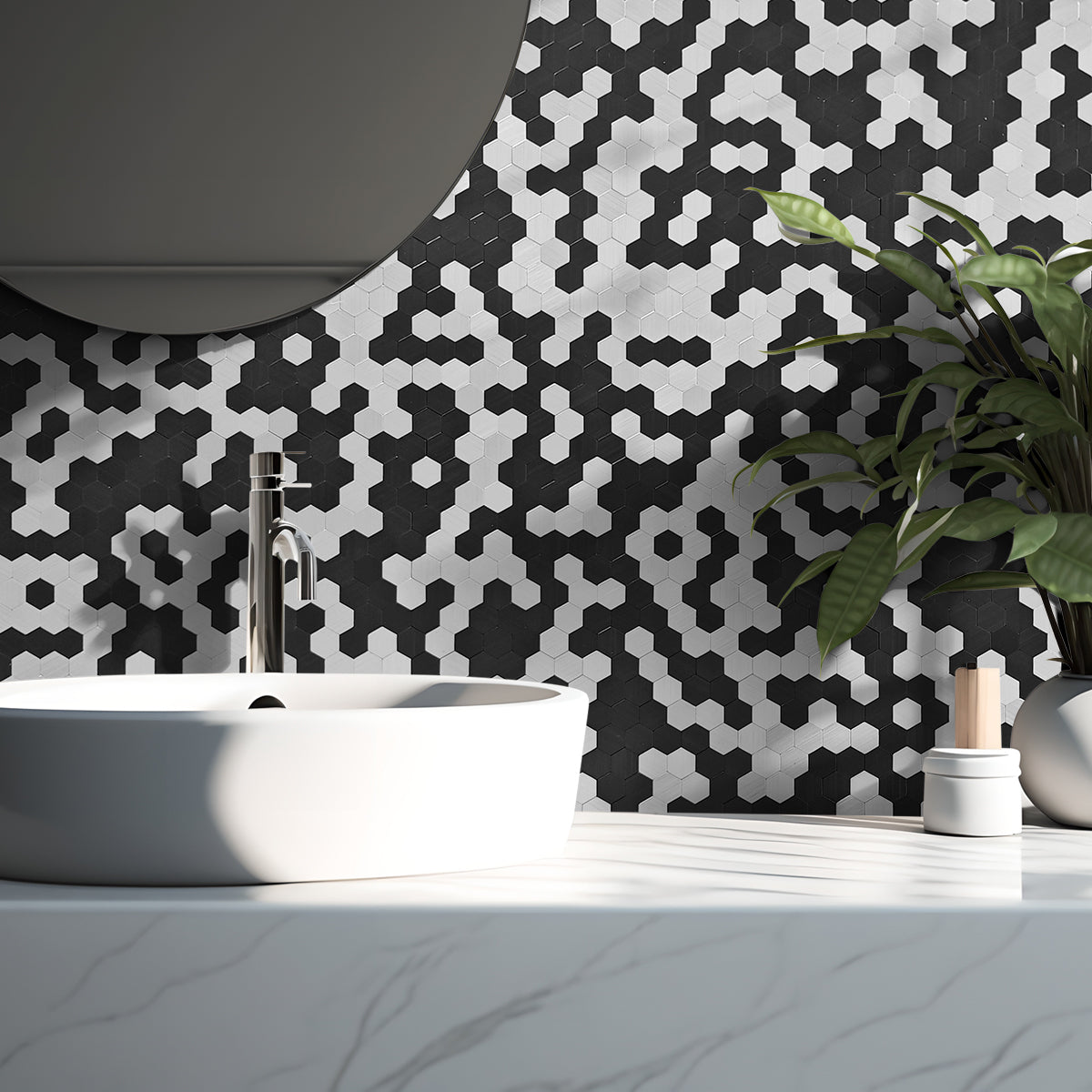 Black & Silver Hexagon Peel and Stick Kitchen Backsplash – Modern Aluminum Wall Tile, DIY, Waterproof