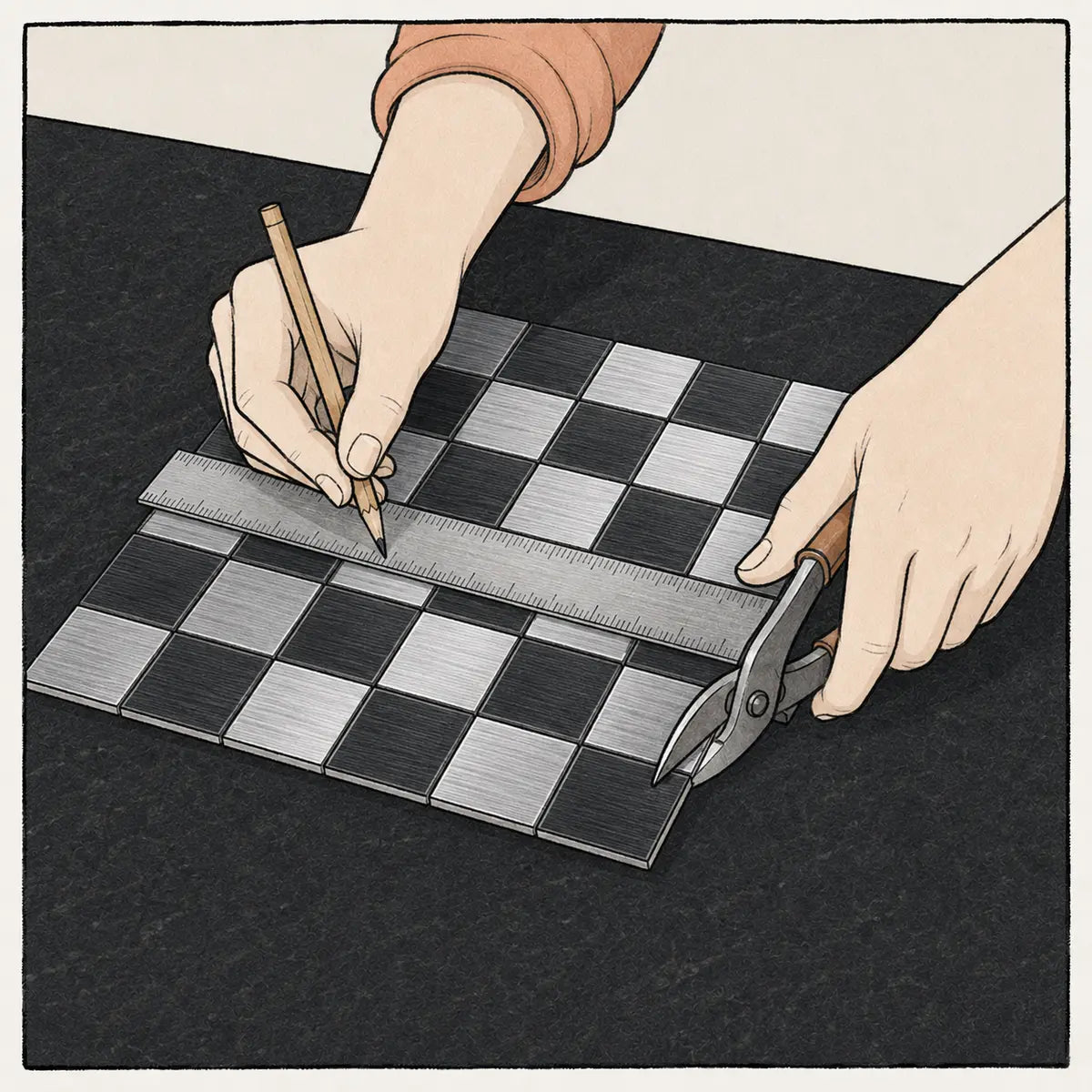 Measuring and cutting a self-adhesive metal mosaic sheet