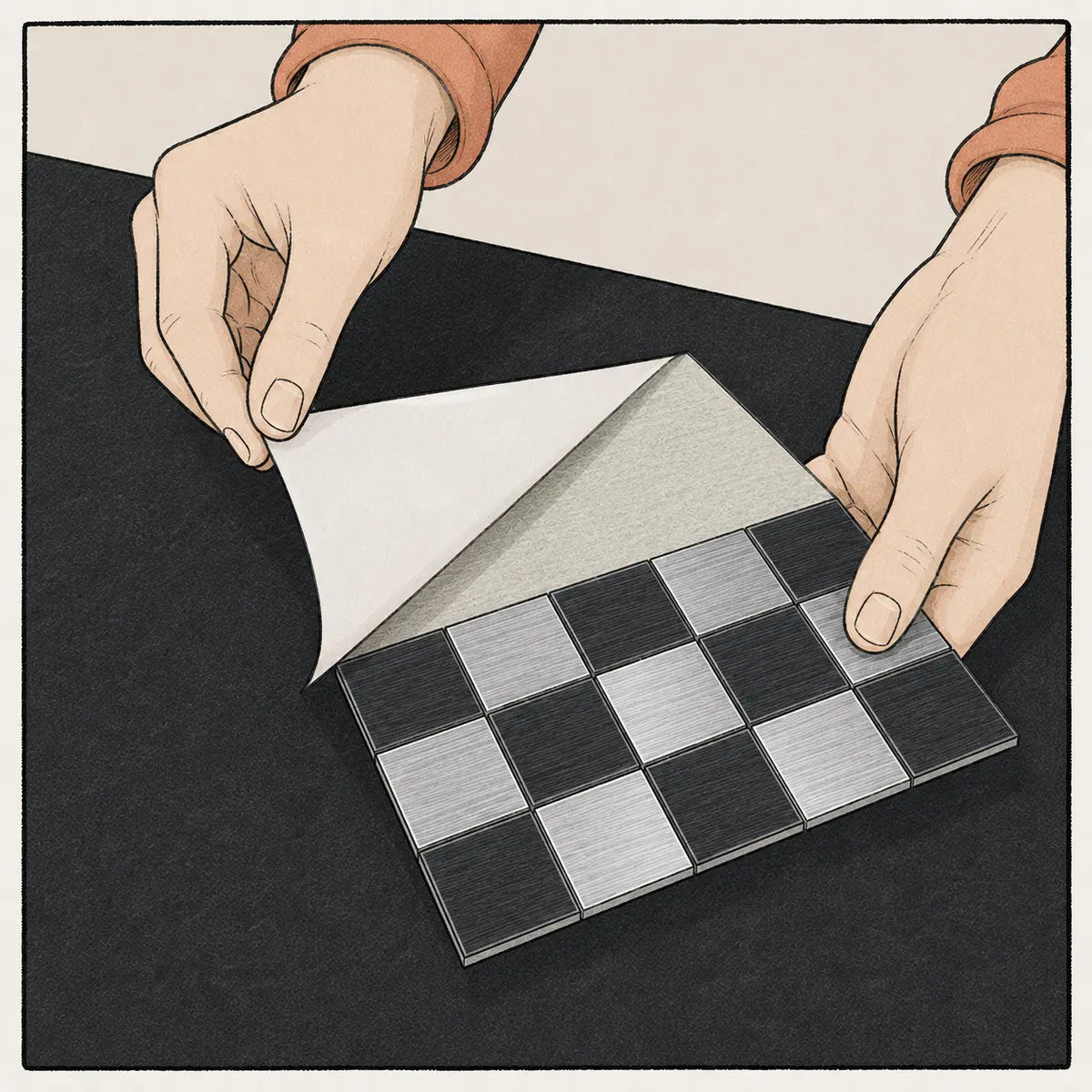 Peeling the release paper from a self-adhesive metal mosaic sheet