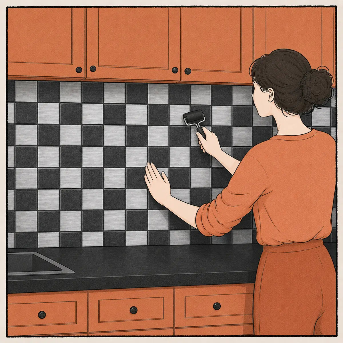 Pressing the completed metal mosaic backsplash with a rubber roller